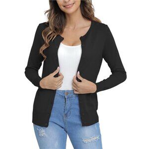 Womens Black Cardigan Sweater Lightweight Soft Knit Crewneck Long Sleeve Basic